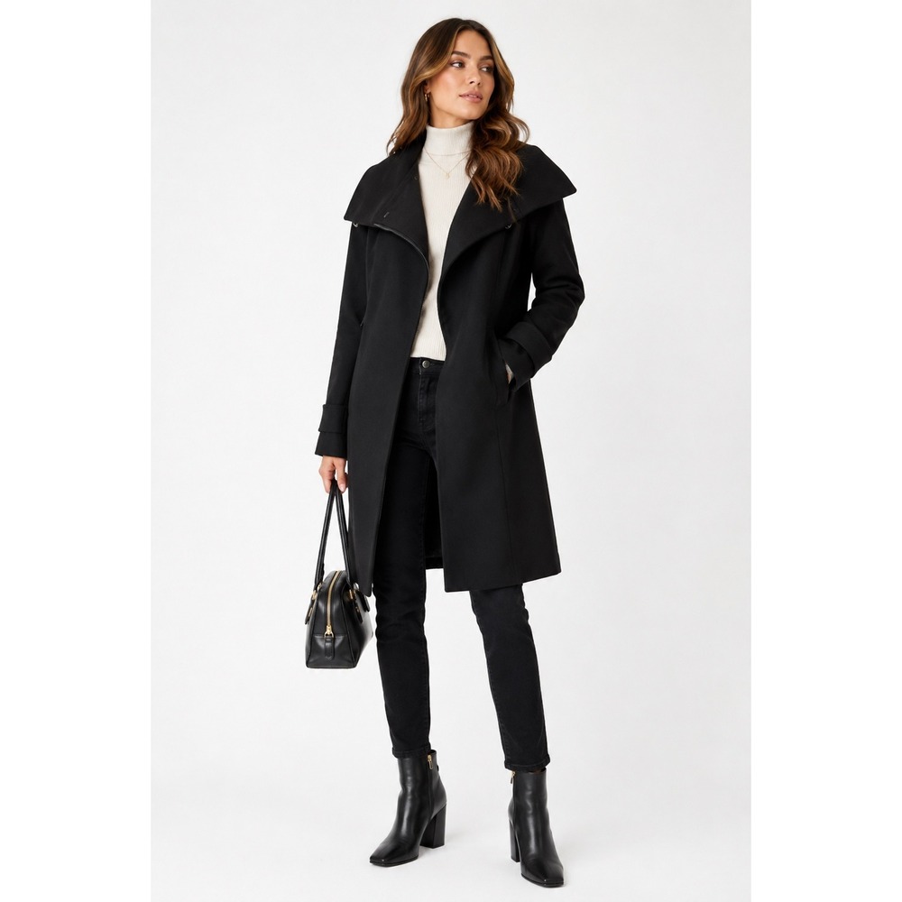 Babaton Atelier Aritzia Black Wool Blend Wrap Coat Oversized Collar XXS 
Minimal